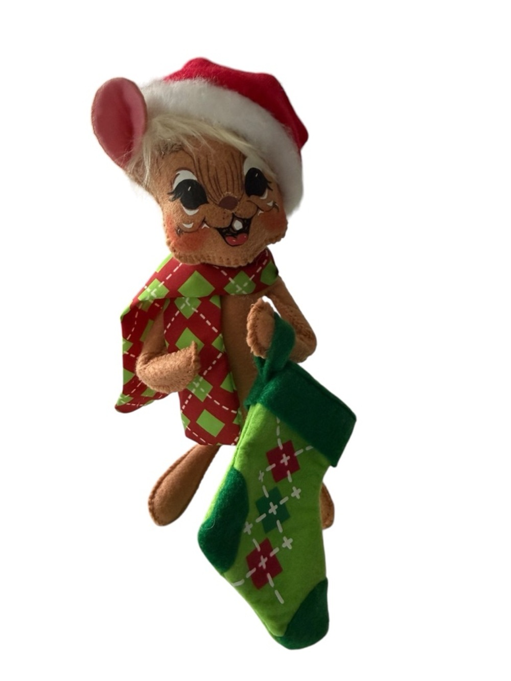 Annalee 8 inch Cheery Stocking Hat  mouse in Santa Hat with Stocking  Christmas